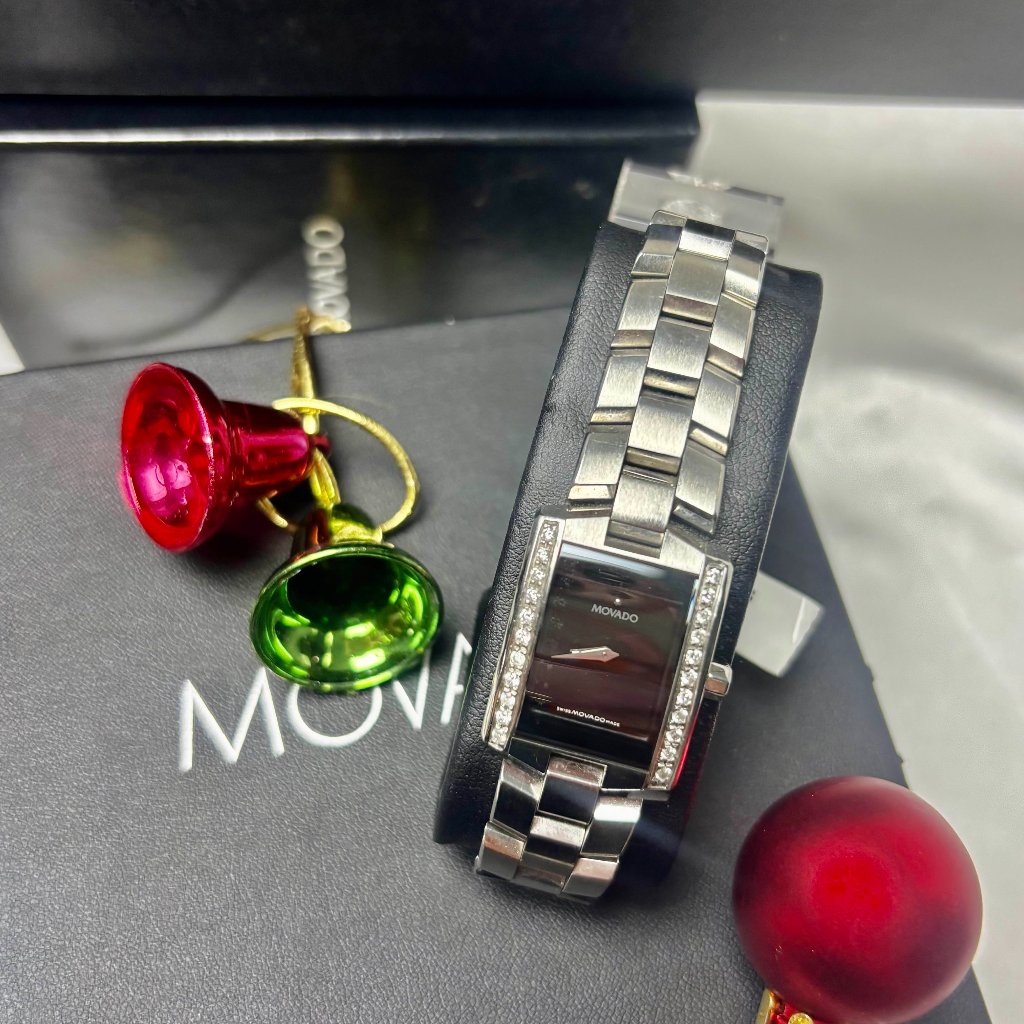 Movado Ladys Eliro Black Dial Diamond Set Case Stainless Watch